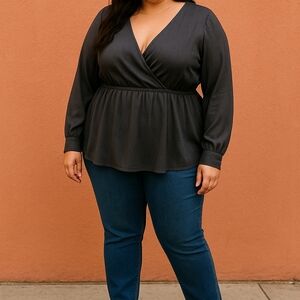 TitleTorrid Size 2 Gray Surplice Peplum Blouse | Long Sleeve‎ 2-Button Cuff...